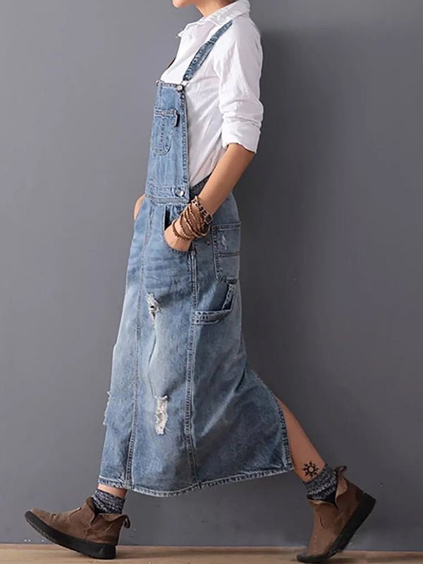 April™ | Back Slit Distressed Denim Overalls Dress - ENVI