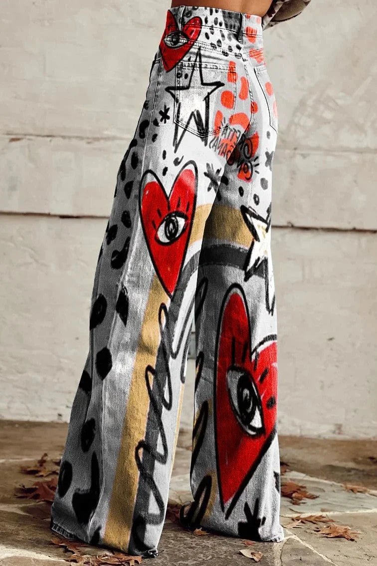 Women's Graffiti Heart Print Casual Wide Leg Pants - ENVI