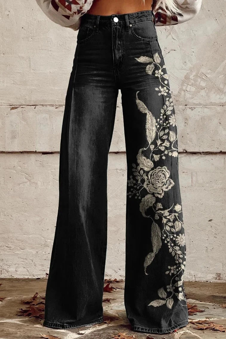 Women's Midnight Rose Print Casual Wide Leg Pants - Black - ENVI