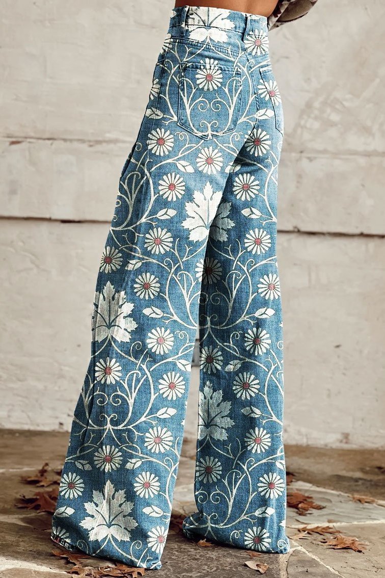 Women's Vintage Print Casual Wide Leg Pants - ENVI